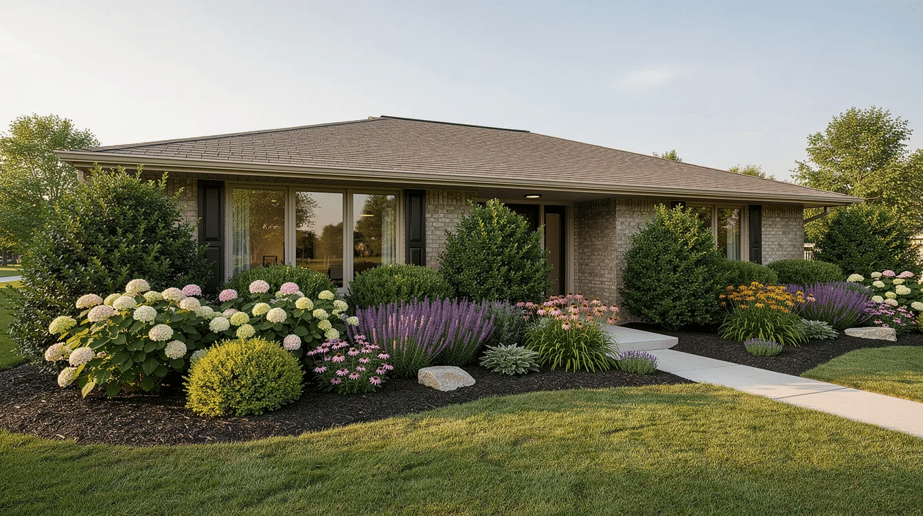 dd9e4049-be95-45aa-b428-f0652b04ea1c - Ranch Style Homes USA The image depicts a ranch-style house with mature evergreen shrubs and colorful flowering plants adorning the home's foundation, enhancing its curb appeal. The well-maintained front yard features a variety of perennials and ornamental grasses, thriving in the sun and partial shade, creating a vibrant landscape design year-round.