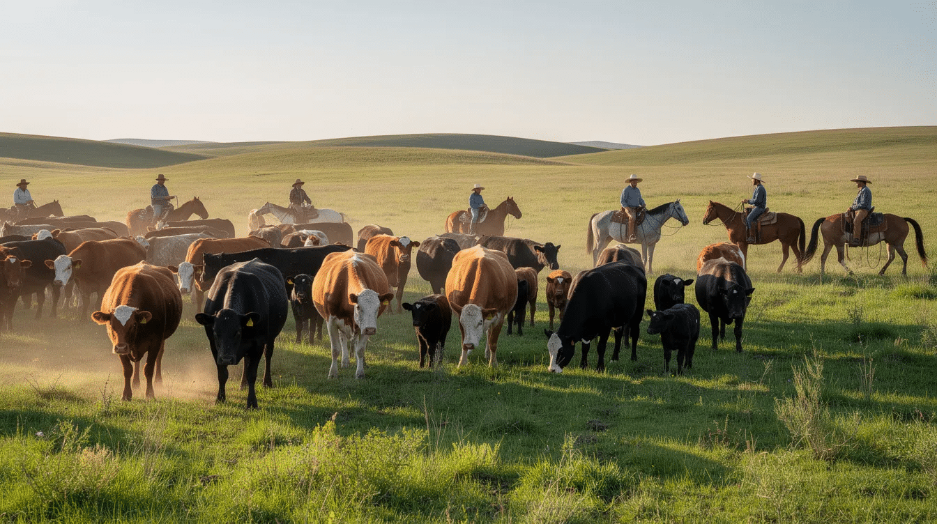 df46d936-1101-470c-805d-92f56f7e4a96 - Ranch Style Homes USA A herd of cattle grazes peacefully on open grassland, while cowboys on horseback ride in the background, showcasing the vibrant life of working ranches in the American West. This scene highlights the deep connection between land ownership and raising livestock on large tracts of open range.