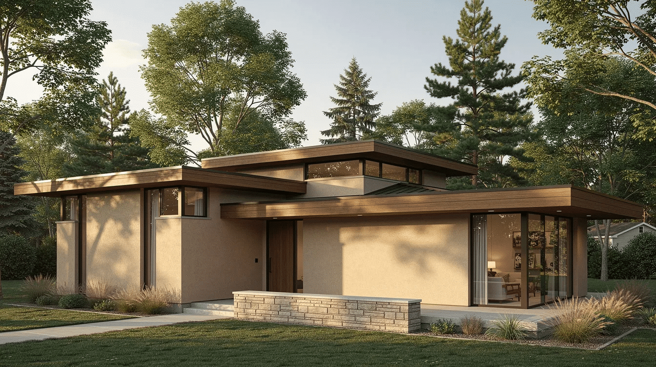 e3ef9453-b5f9-474c-b1cb-e80635f4bf49 - Ranch Style Homes USA The exterior view showcases a prairie style home characterized by horizontal rooflines and earth-toned stucco walls, complemented by large windows that invite natural light. Surrounded by mature trees and native wildflowers, this home embodies the essence of modern prairie architecture with its clean lines and natural materials.