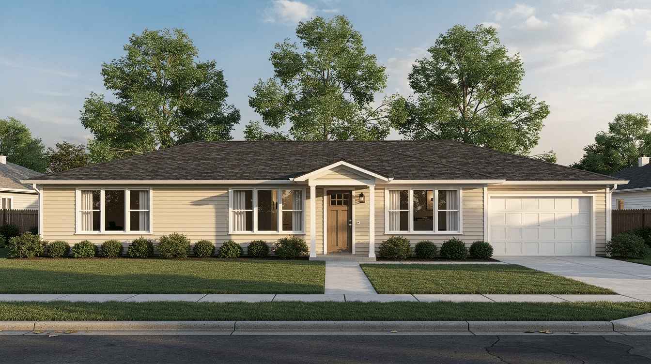 e8b6a6b5-9dda-4886-b073-a51d33e2e0df - Ranch Style Homes USA The image depicts a classic single-story ranch home featuring light gray vinyl siding and wide windows, enhancing its curb appeal. The home's architectural style is complemented by dark trim and black shutters, creating a striking exterior color scheme that harmonizes with the natural surroundings.