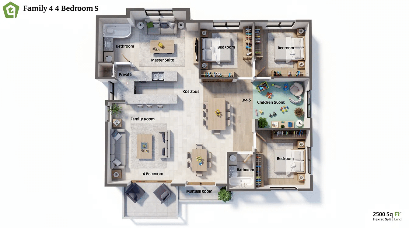 ea411ffe-36b8-4a98-8ef2-f0041078743e - Ranch Style Homes USA This image showcases a spacious 2500 sq ft house plan designed for families of 4-5, featuring 3-4 bedrooms, a dedicated playroom, and study areas. The layout includes a master suite with a master closet and ensuite bathroom, ensuring privacy for parents while providing ample living space for everyone.