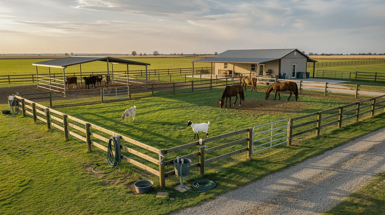 ea562c1b-bb48-43d5-96db-9342eeb45ac7 - Ranch Style Homes USA The image depicts a scenic mini ranch in Jackson County, featuring wide open spaces with established pastures, cross-fencing, and dedicated animal shelters, ideal for raising livestock such as horses and cattle. This rural property offers an exceptional opportunity for buyers seeking a private retreat with investment potential, surrounded by natural beauty and convenient access to paved road frontage.