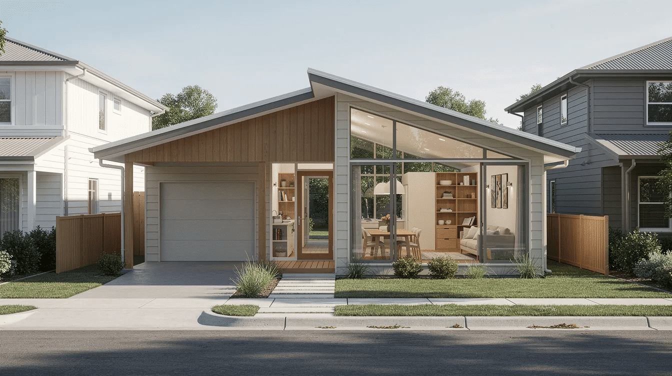 ea7a55e7-d2ce-4fd2-a589-a0be1b461f05 - Ranch Style Homes USA The image features a narrow lot ranch house plan showcasing a single story layout with an open floor plan that emphasizes spaciousness despite the compact design. Large windows and sliding glass doors enhance natural light, while the attached garage and creative room arrangements cater to modern living needs for families.