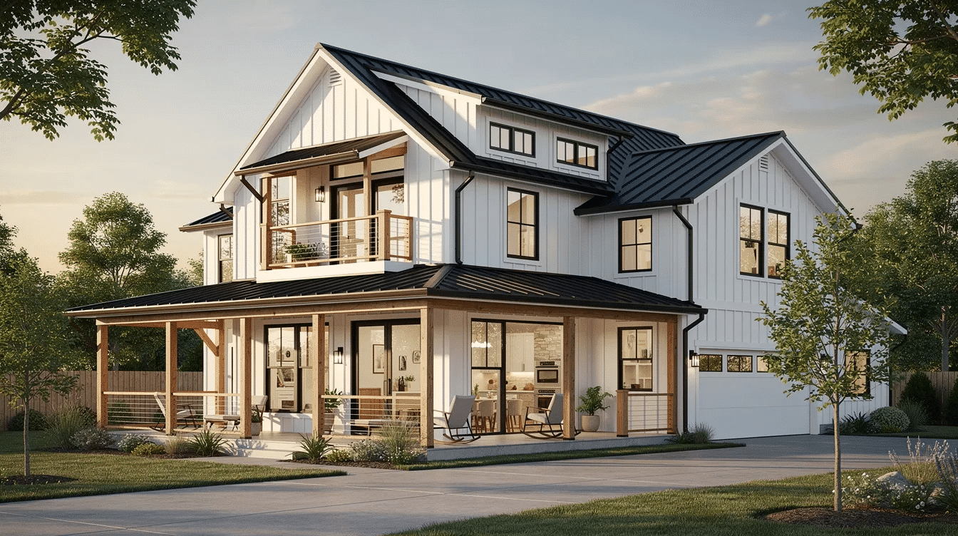 ed6f99f4-aaf0-457e-9a76-807f2c36d08c - Ranch Style Homes USA This image showcases a two-story contemporary farmhouse design featuring a spacious main floor with open concept living areas, a modern kitchen, and a dining area, while the upper level is dedicated to private bedrooms. Large windows and vaulted ceilings enhance the natural light and airy feel, complemented by rustic charm from exposed beams and inviting wraparound porches.