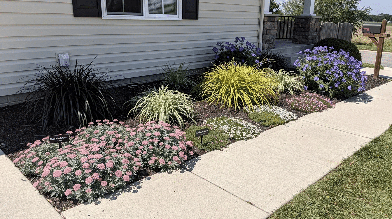 ee63ae3f-029e-4685-ba13-1641fe463498 - Ranch Style Homes USA The image features a variety of low-growing groundcovers and edge plants ideal for foundation plantings around a ranch-style house. These plants, including Sedum ‘Rock ‘N Round’ and Black Mondo Grass, create neat edges and colorful foliage while thriving in full sun and partial shade, enhancing the home's curb appeal.