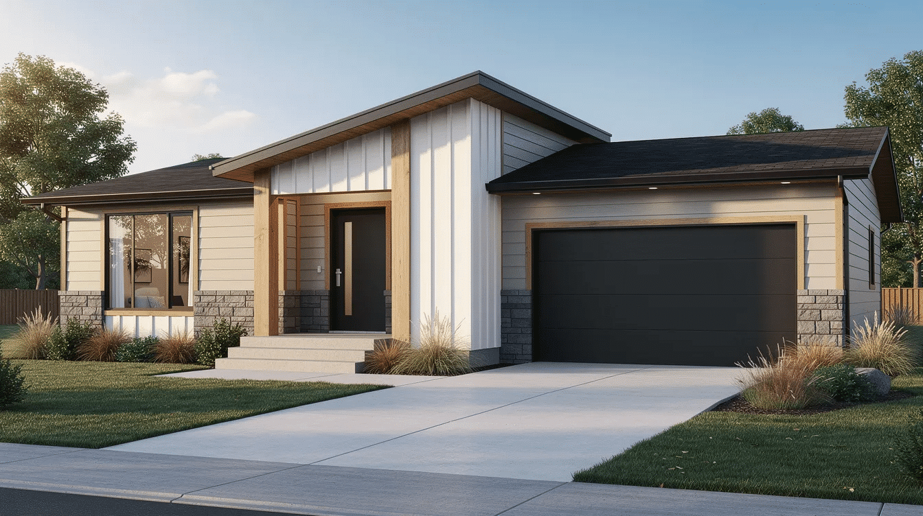 f0a10669-cb2d-40c0-a766-9ea99fe87893 - Ranch Style Homes USA The image showcases a modern raised ranch style home featuring a navy blue exterior complemented by white trim, creating a striking curb appeal. The front porch is adorned with charming light fixtures, while the surrounding landscape enhances the overall look with greenery and architectural details.