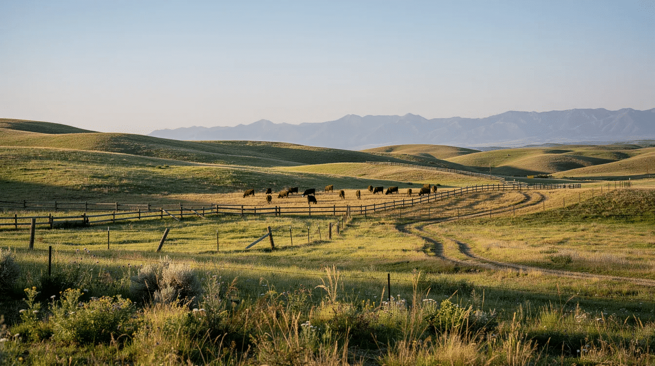 f0f57091-085c-4f15-8d03-ad92bec044b9 - Ranch Style Homes USA A wide view of rolling ranch land showcases cattle grazing peacefully near wooden fencing, with distant mountains creating a stunning backdrop. This picturesque scene reflects the essence of ranch property, highlighting the agricultural operations and wildlife habitat that characterize big sky country.