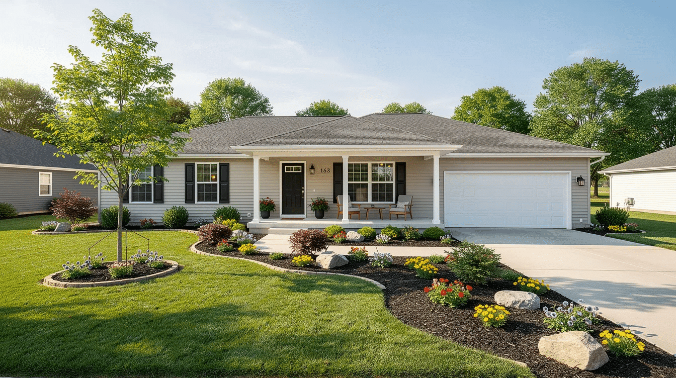 f177153d-884f-419a-a987-f909f6196b53 - Ranch Style Homes USA The image depicts a charming single-story ranch home with a covered porch, surrounded by a beautifully landscaped yard in a suburban community. This dream home is perfect for those interested in purchasing properties in Maryland, offering a welcoming atmosphere in a desirable neighborhood.