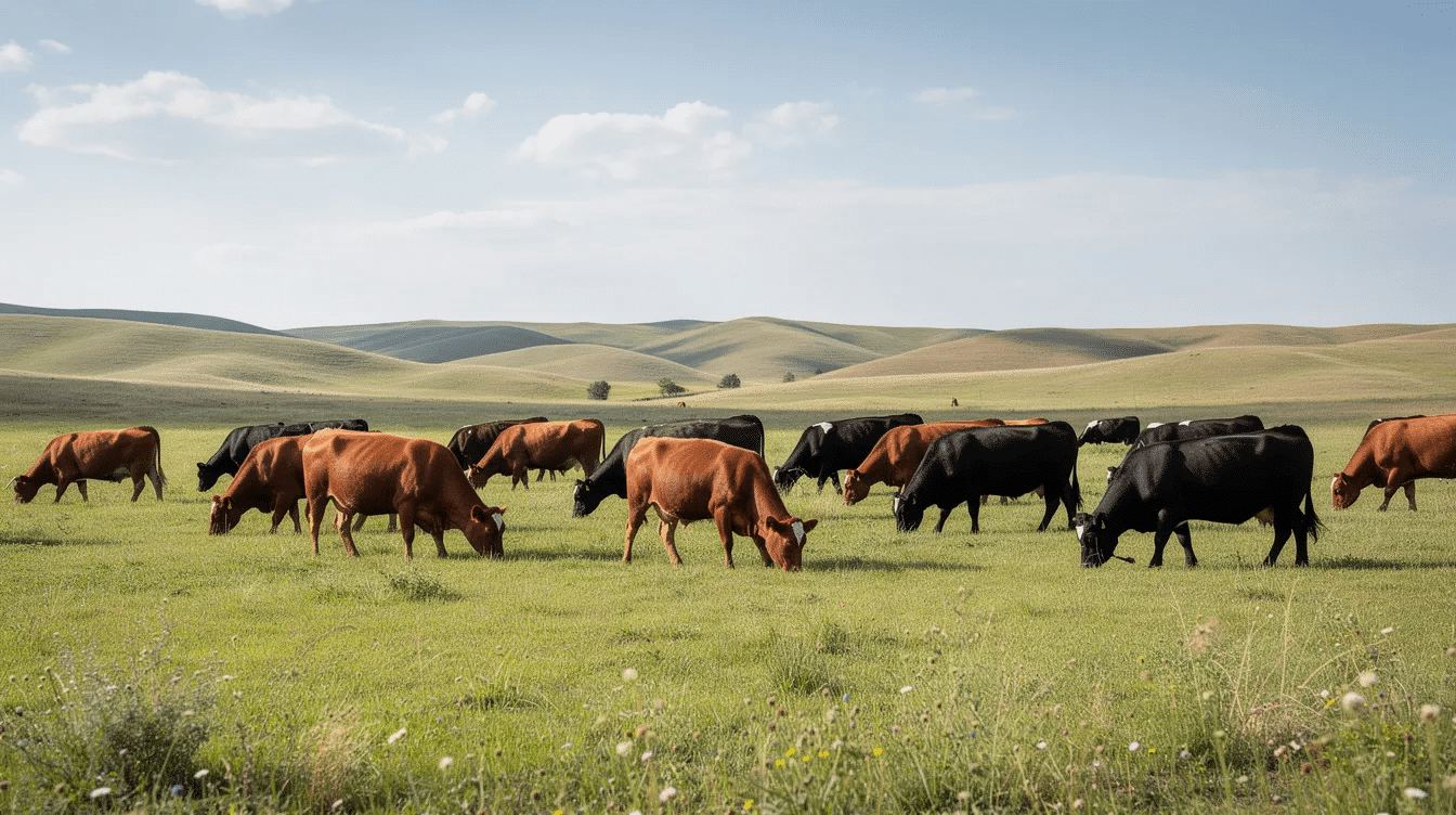 f1788074-da94-4f66-a215-66ae0d546df7 - Ranch Style Homes USA A picturesque scene of cattle grazing on expansive grassland, with rolling hills in the background, highlights the essence of ranch ownership. This image reflects the importance of grazing management and the potential for profitable ranches in livestock operations.