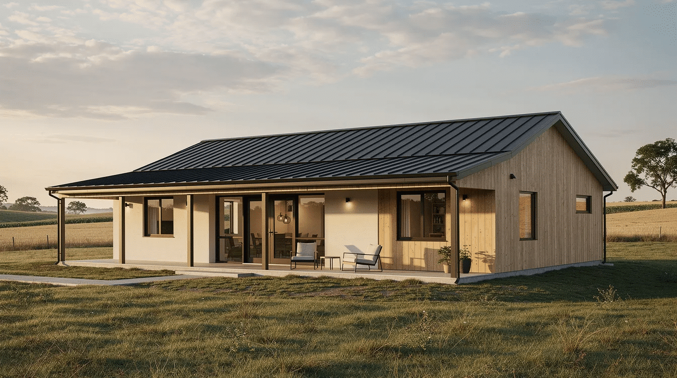 A modern single-story ranch home with a sleek metal roof and a covered front porch is set against a backdrop of open land, showcasing its ranch style and low maintenance features. The house, designed for natural light and curb appeal, offers a spacious floor plan ideal for comfortable living.