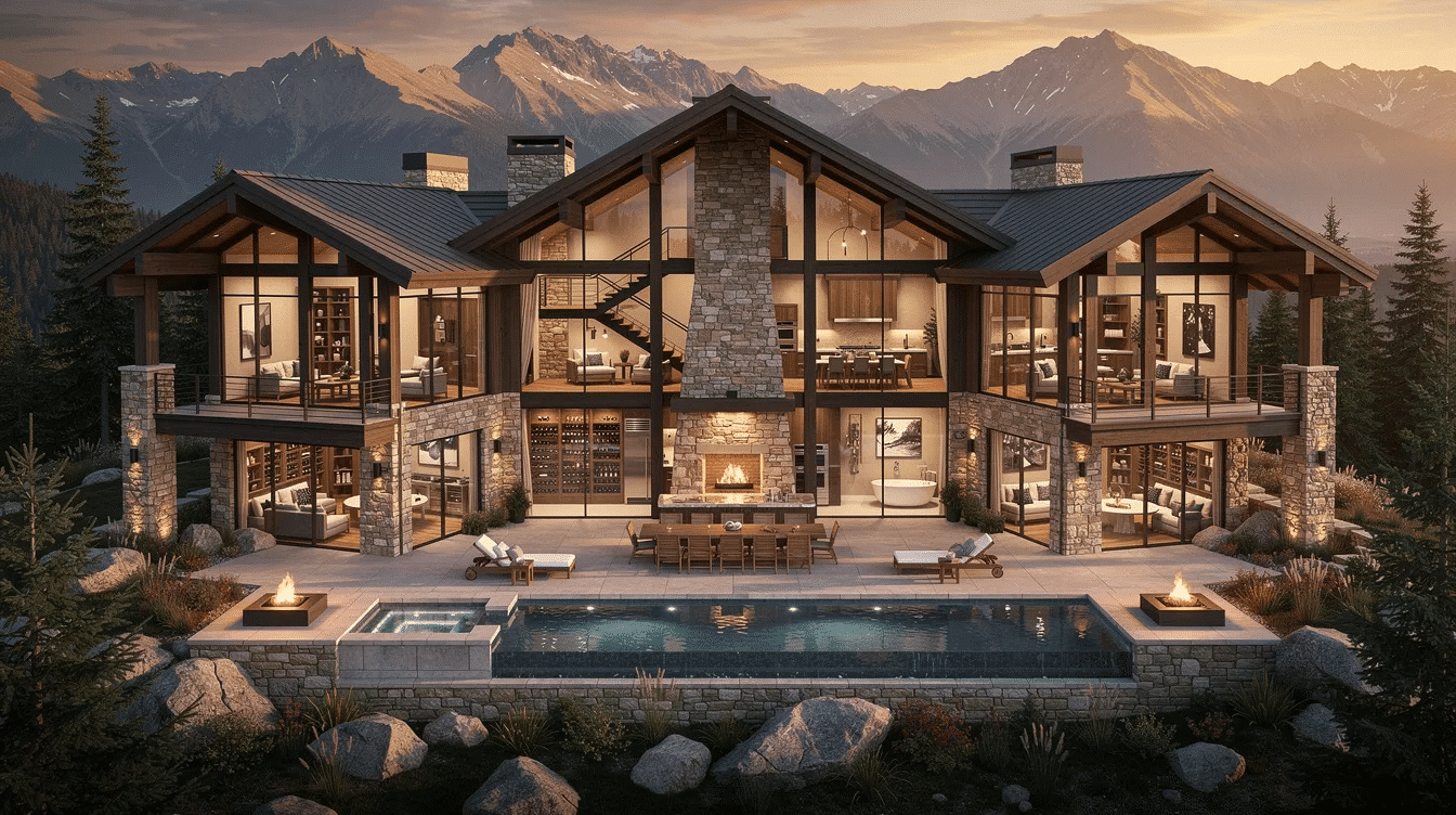 f317d188-603c-462a-96b5-4ad32499a867 - Ranch Style Homes USA This image showcases luxury mountain estate plans featuring grand mountain architecture with multiple levels, expansive outdoor living spaces, and contemporary elements like large windows and exposed wood beams. The designs include amenities such as gourmet kitchens and spa bathrooms, all set against a backdrop of rugged terrain and scenic views.