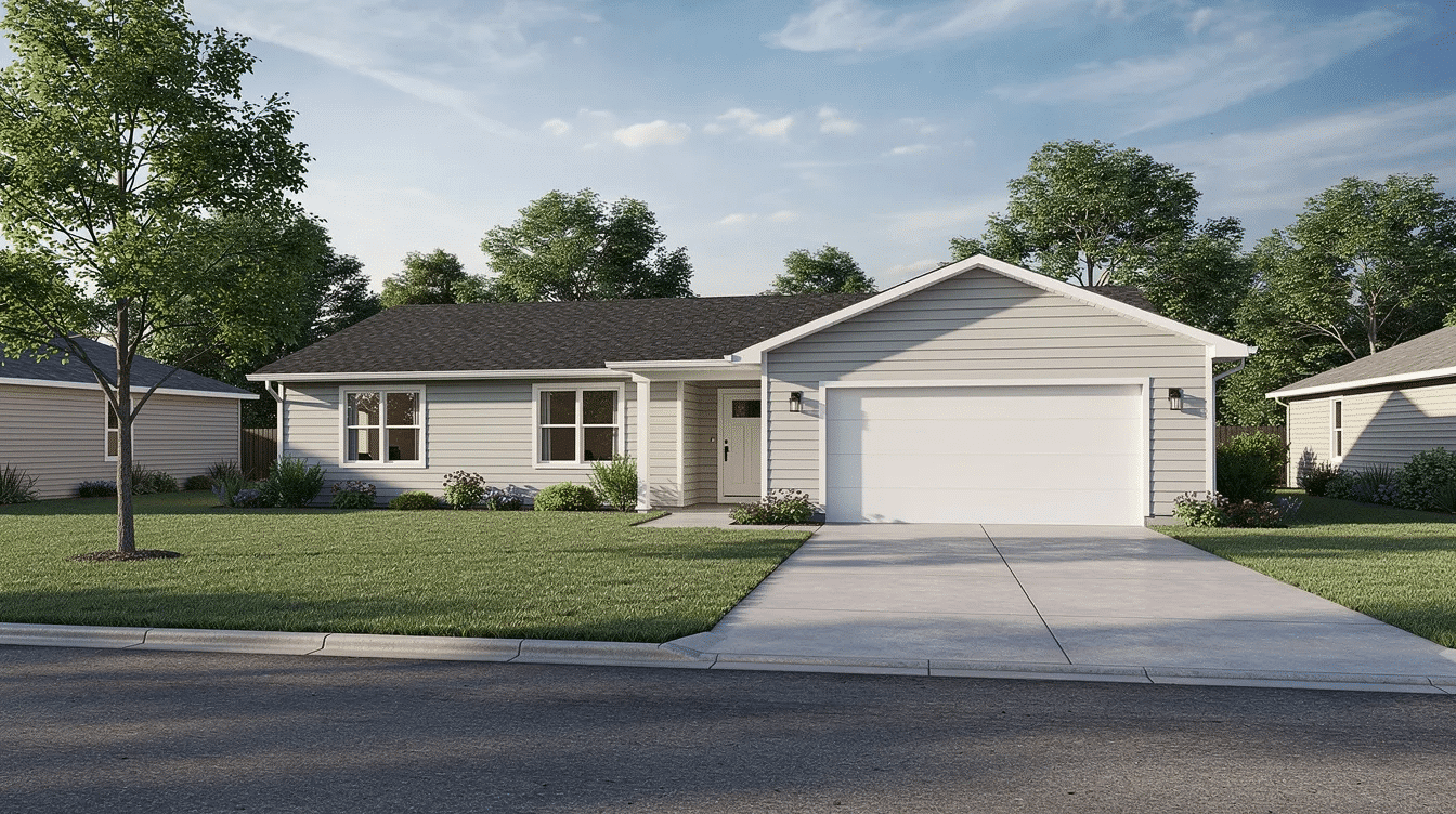 f44917c0-e388-422d-ac48-a4066f99c241 - Ranch Style Homes USA The image depicts a charming single-story ranch style house with horizontal siding and large windows, enhancing its curb appeal. A wide driveway leads to the inviting front porch, surrounded by well-maintained landscaping and a warm, welcoming atmosphere.