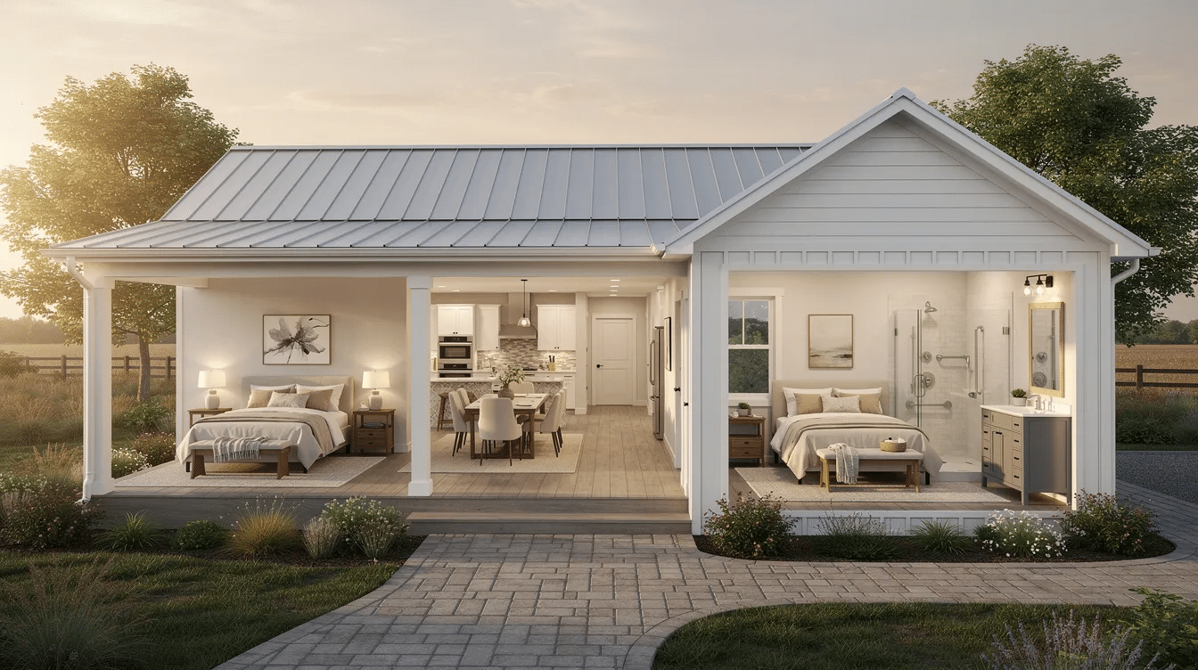 f4bd803f-e3bc-4e1a-9435-c0d26fd0a938 - Ranch Style Homes USA This image showcases a single-story farmhouse designed for retirement living, featuring modern farmhouse style elements such as a spacious open floor plan and large windows that invite natural light. Key features include a primary suite on the main floor, accessible bathrooms, and inviting outdoor living spaces with a wraparound porch, perfect for enjoying everyday living in comfort and style.