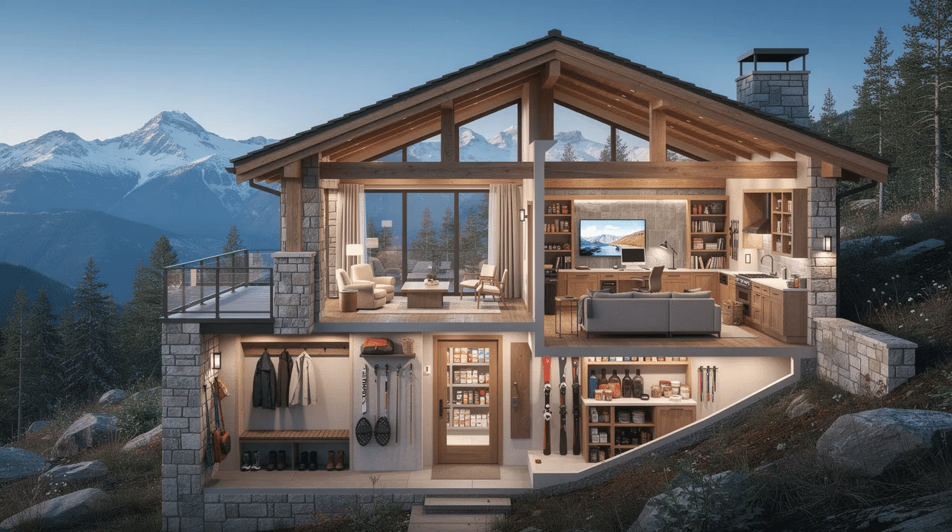 fc81078a-e6f0-4bc9-bed1-29dc9ea1a226 - Ranch Style Homes USA The image showcases a modern mountain house designed for permanent residence, featuring spacious layouts with large windows that maximize scenic views of the rugged landscape. Key elements include exposed wood beams, a gourmet kitchen, and outdoor living spaces, all thoughtfully integrated for functional family life in a mountainous setting.