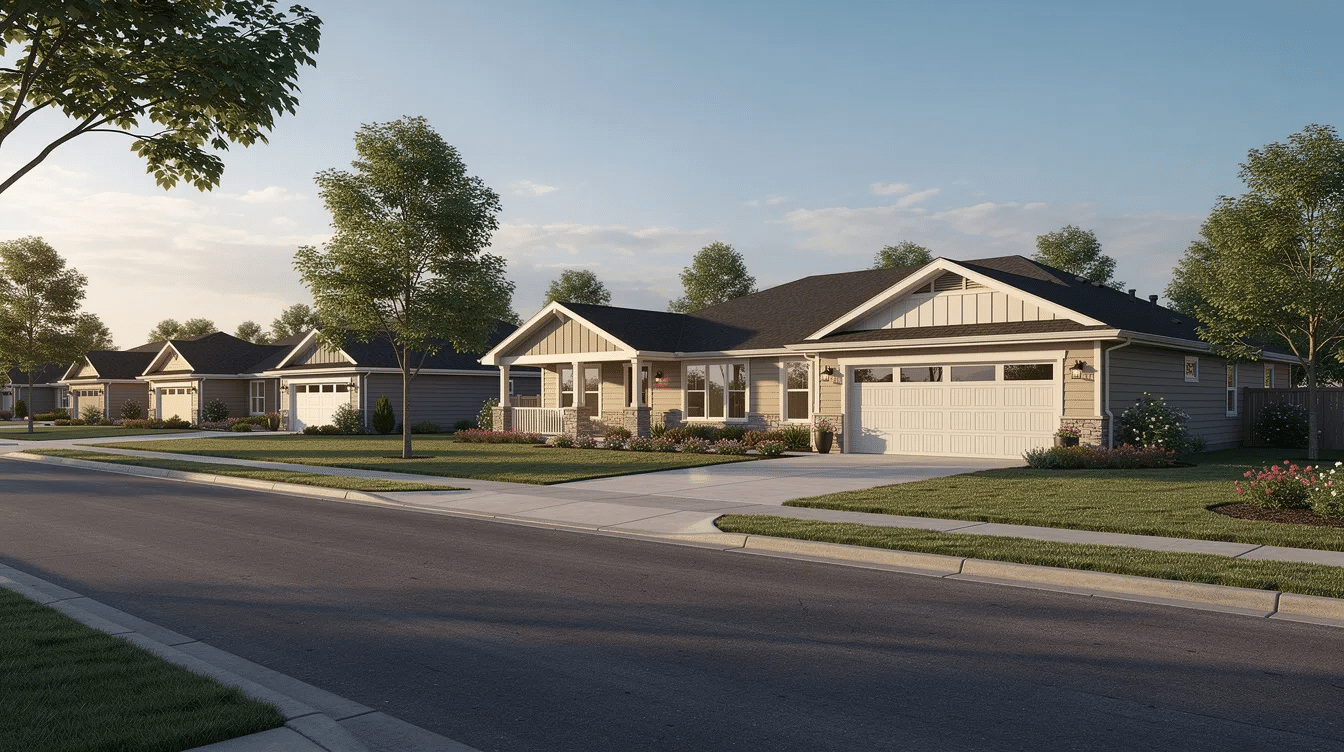 fc9af043-f45b-4430-9da4-c3368a3d1c07 - Ranch Style Homes USA The image showcases a selection of large ranch style homes for sale, featuring a variety of exterior designs including brick and stucco finishes. These one story homes are set in a spacious neighborhood surrounded by trees, highlighting their appeal and low maintenance materials.