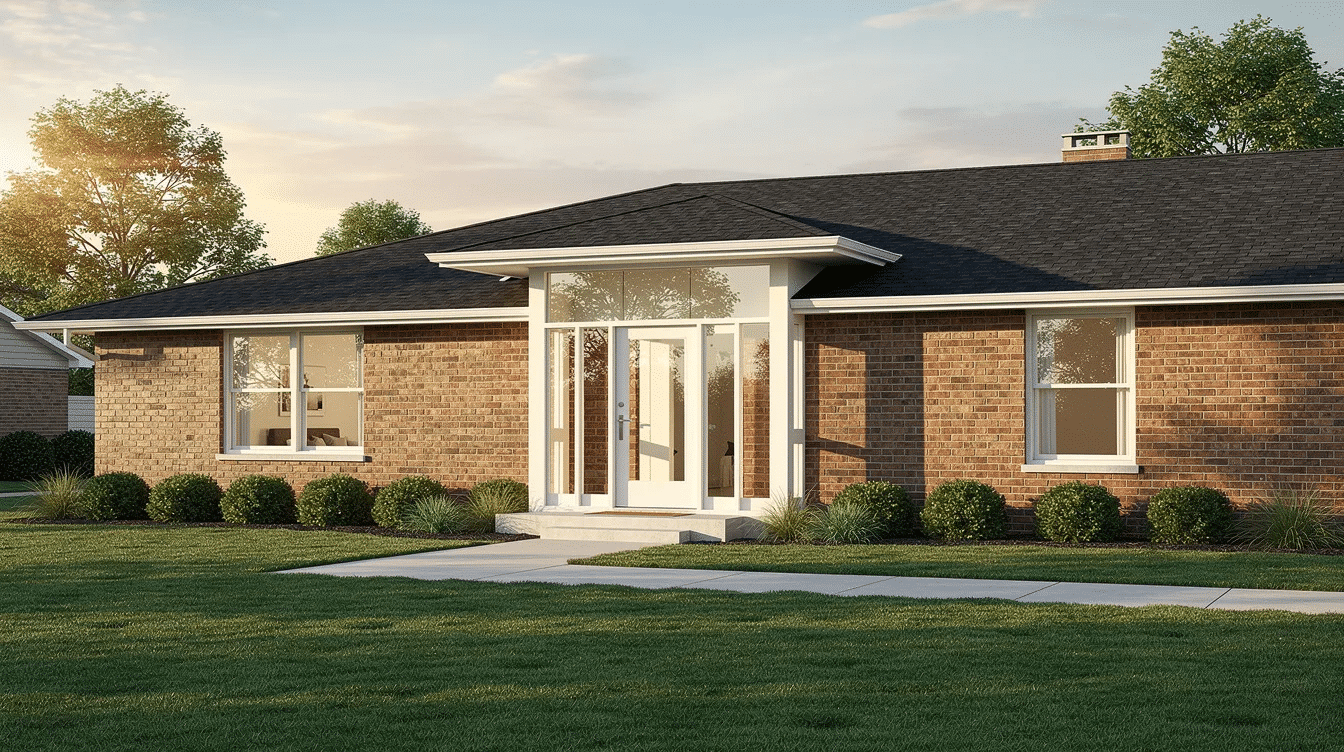 0511a621-1f2f-446f-991e-d8580bbcc499 - Ranch Style Homes USA The image depicts a single-story ranch style home featuring a brick exterior and a low-profile roof. The bright front entry showcases a transom window above the entry door, allowing for natural light to illuminate the space.