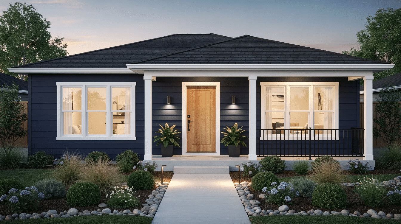 0a387cdc-4f53-449f-97ad-807caf965f17 - Ranch Style Homes USA The image features a navy blue ranch style home with white trim and a warm wood front door, set against a backdrop of modern landscaping that enhances its curb appeal. The clean porch and architectural details create a welcoming exterior, showcasing a sophisticated color combination that harmonizes with the surrounding landscape.