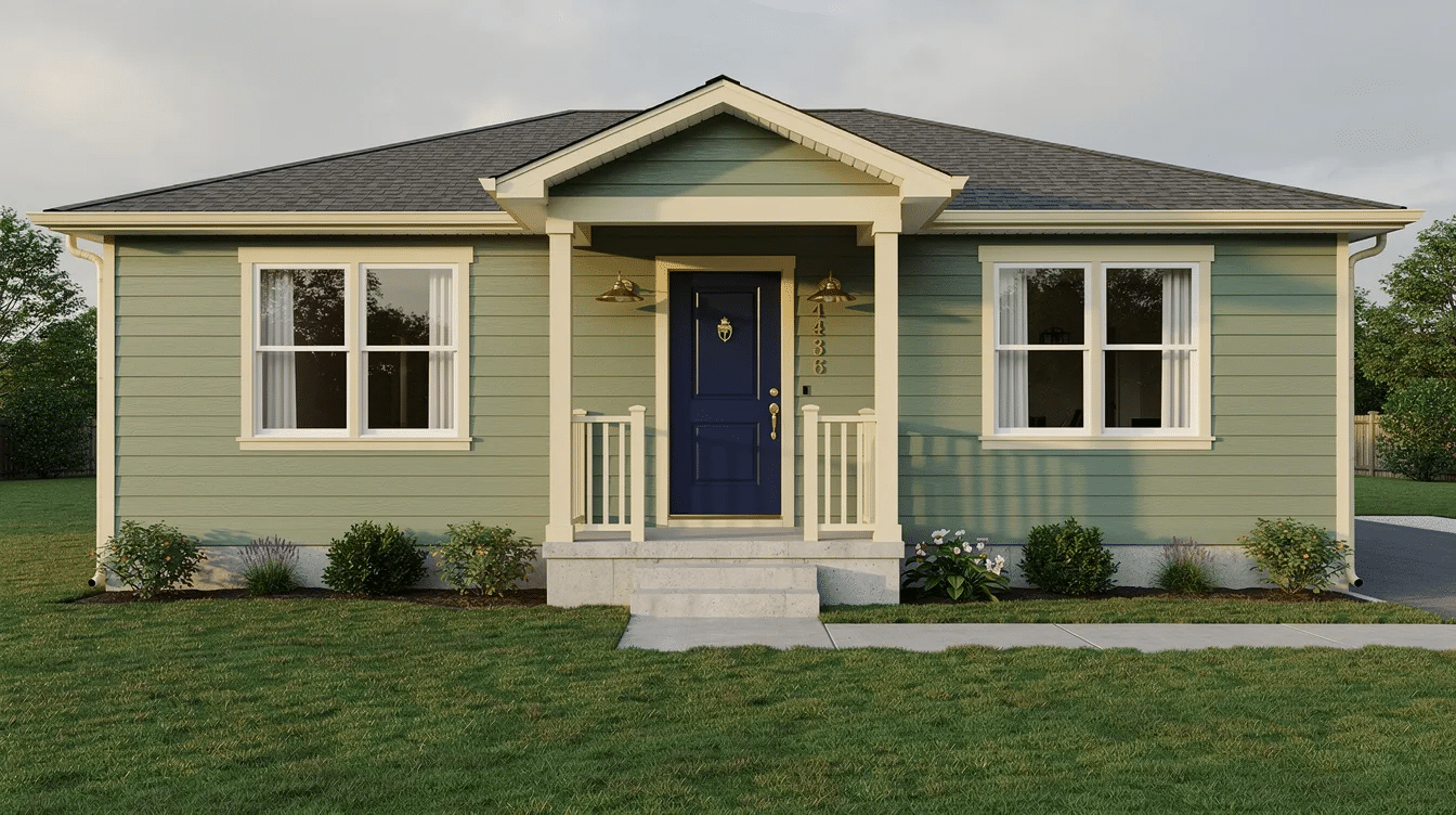 0cd7bd0b-b822-44b0-9134-3e07baee113a - Ranch Style Homes USA A sage green ranch house features cream window trim and a striking navy front door, complemented by brass porch fixtures, creating a modern yet timeless exterior. The combination of colors and materials, including wood siding and elegant trim, adds depth and inspiration to this charming home.