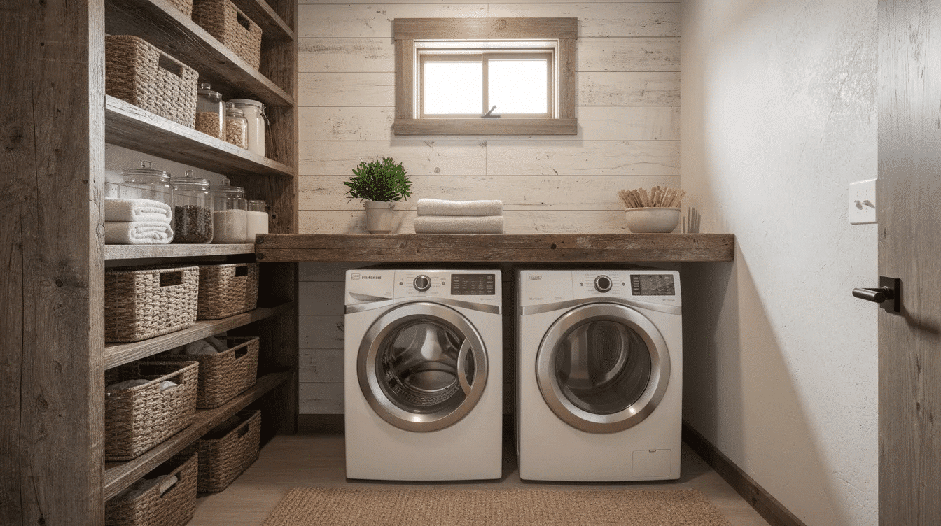 10093851-f075-410c-a9cf-6b6004cd340a - Ranch Style Homes USA This rustic ranch laundry room features wood shelves and stylish baskets, creating a warm farmhouse feel. It includes front-loading appliances, a laundry sink, and ample storage space, making it both functional and inviting for folding laundry.