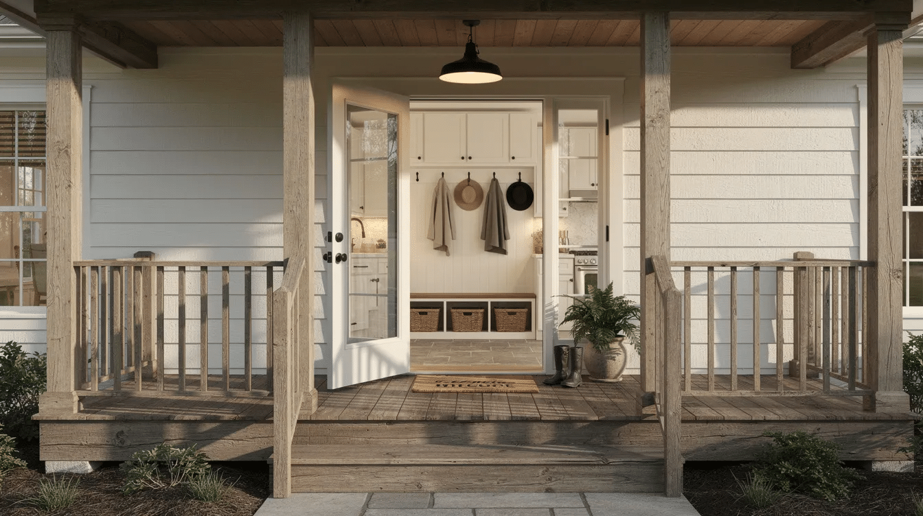 14257c16-9585-4a8d-8dec-4f4560a8cb6b - Ranch Style Homes USA The image shows a covered porch leading into a mudroom of a ranch-style home, featuring a seamless transition from the outdoor space to the interior. The mudroom is designed for storage and convenience, located near the kitchen, with a back door that provides easy access to the detached garage.