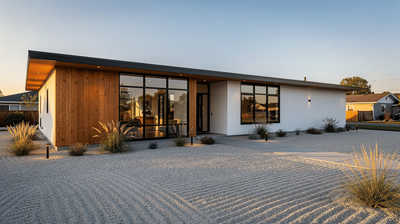 1a45d19d-f28f-4e41-9054-bd8db3576441 - Ranch Style Homes USA The image features a modern ranch house with sleek cedar siding and smooth stucco, showcasing striking floor-to-ceiling black windows that create a bold contrast against the white trim and black roof. The gravel landscaping enhances the curb appeal, giving the exterior a fresh and inviting feel.