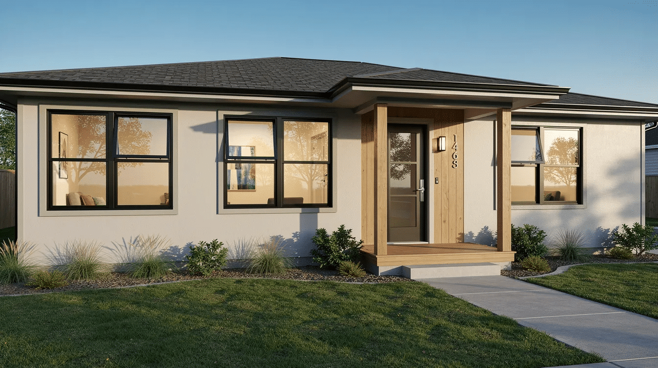 1a5e8e1b-4e8e-48f5-aaa8-6fa90a4d0af9 - Ranch Style Homes USA The image depicts a renovated ranch home featuring modern energy efficient windows, showcasing a polished look and enhancing the home's curb appeal. The new double pane windows are designed to save energy and reduce energy bills, while allowing natural light to fill the interior spaces.