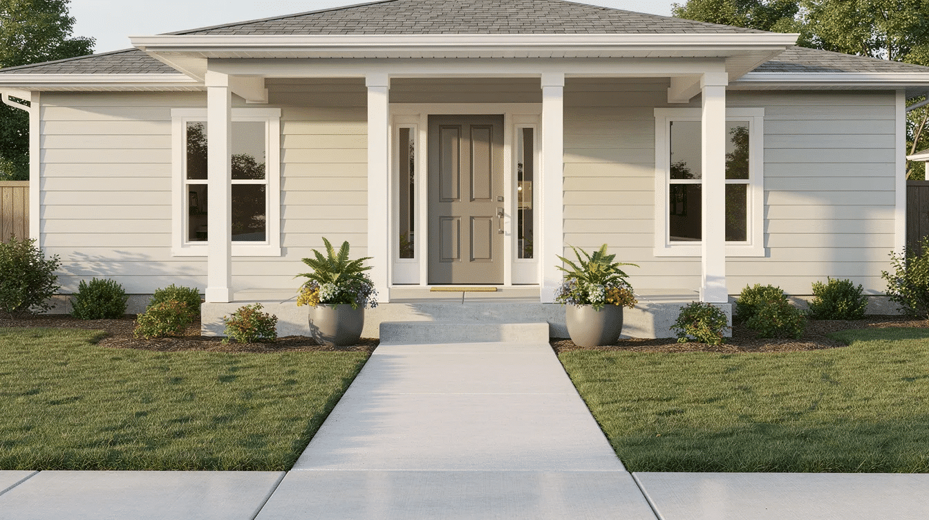 233d8163-251b-4d9e-9468-f65ef486bf11 - Ranch Style Homes USA The image features a freshly painted ranch-style home with an inviting front entry, showcasing a clean walkway and vibrant planters that enhance the curb appeal. The exterior paint colors create a warm and welcoming atmosphere, perfect for a modern ranch home.