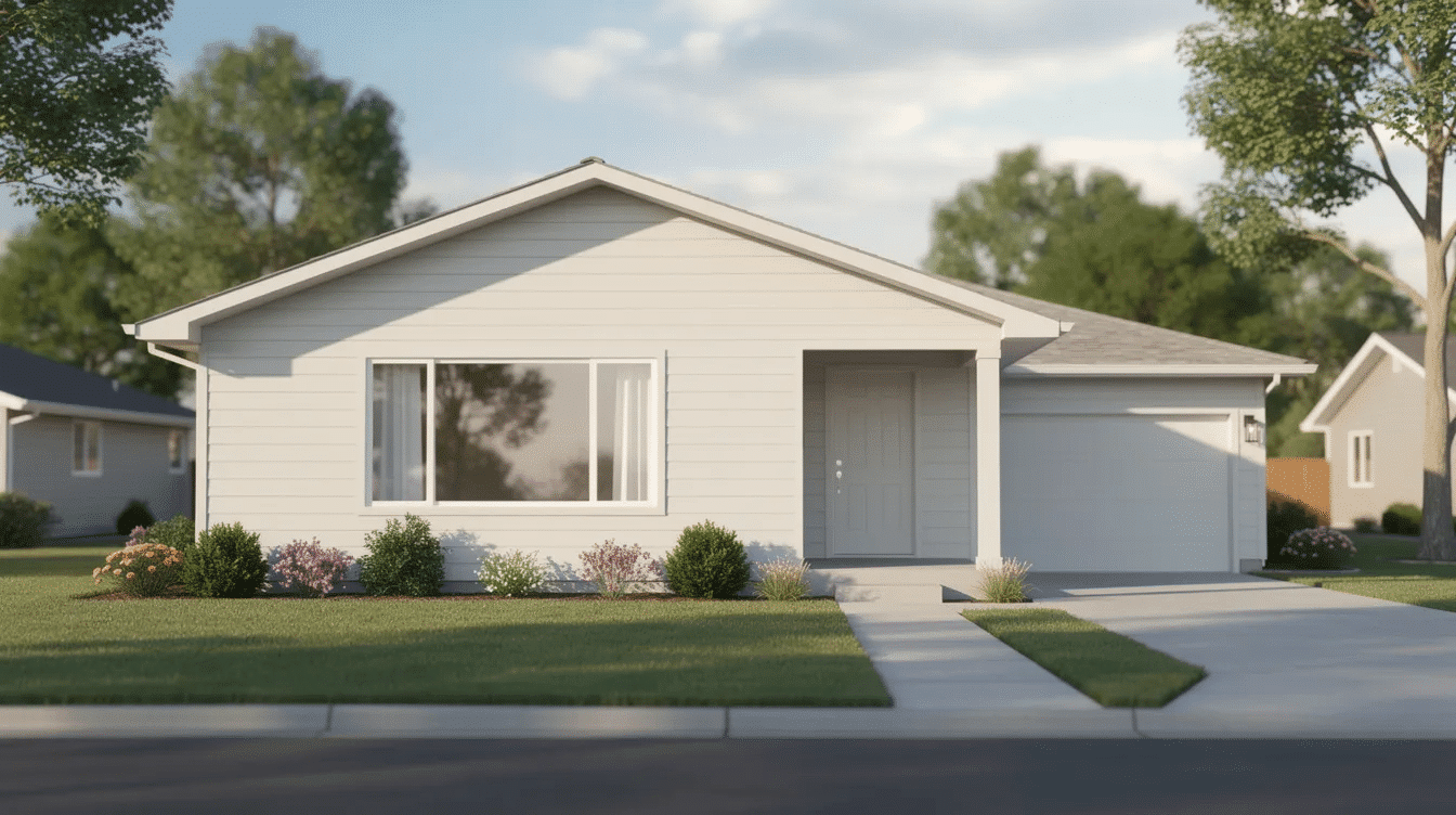 23895e0e-b5d5-4579-b073-e4bd4a0adc8c - Ranch Style Homes USA The image depicts a single-story ranch home featuring a large front picture window that allows natural light to flood the interior, complemented by simple landscaping. This home could benefit from window replacement options, such as energy-efficient double pane windows, to enhance its curb appeal and improve energy efficiency.