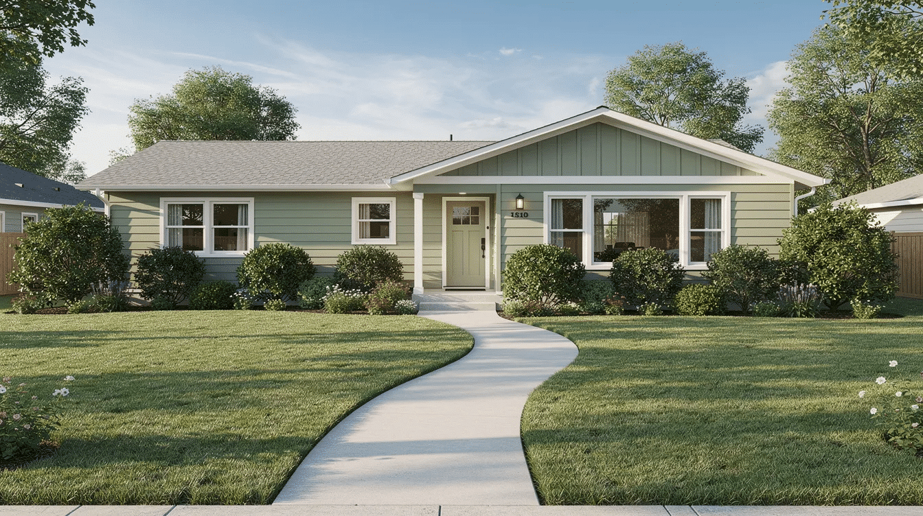 28031a89-8c72-4033-b6e5-35a5de4f1e6e - Ranch Style Homes USA The image features a charming single-story sage green ranch house with cream trim, showcasing a modern exterior design. Mature shrubs flank a curved front walkway, adding depth and timeless appeal to this inviting home.