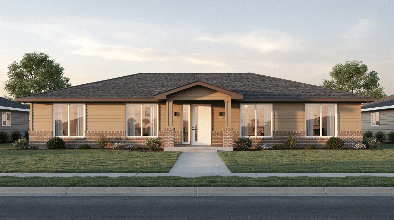 29e5cea2-7443-40db-9ae4-9c16c578df5a - Ranch Style Homes USA The image depicts a low profile ranch style home featuring wide picture windows and brick accents, complemented by a simple front entry door. The expansive glass allows for abundant natural light, enhancing the bright and modern design of this classic ranch home.