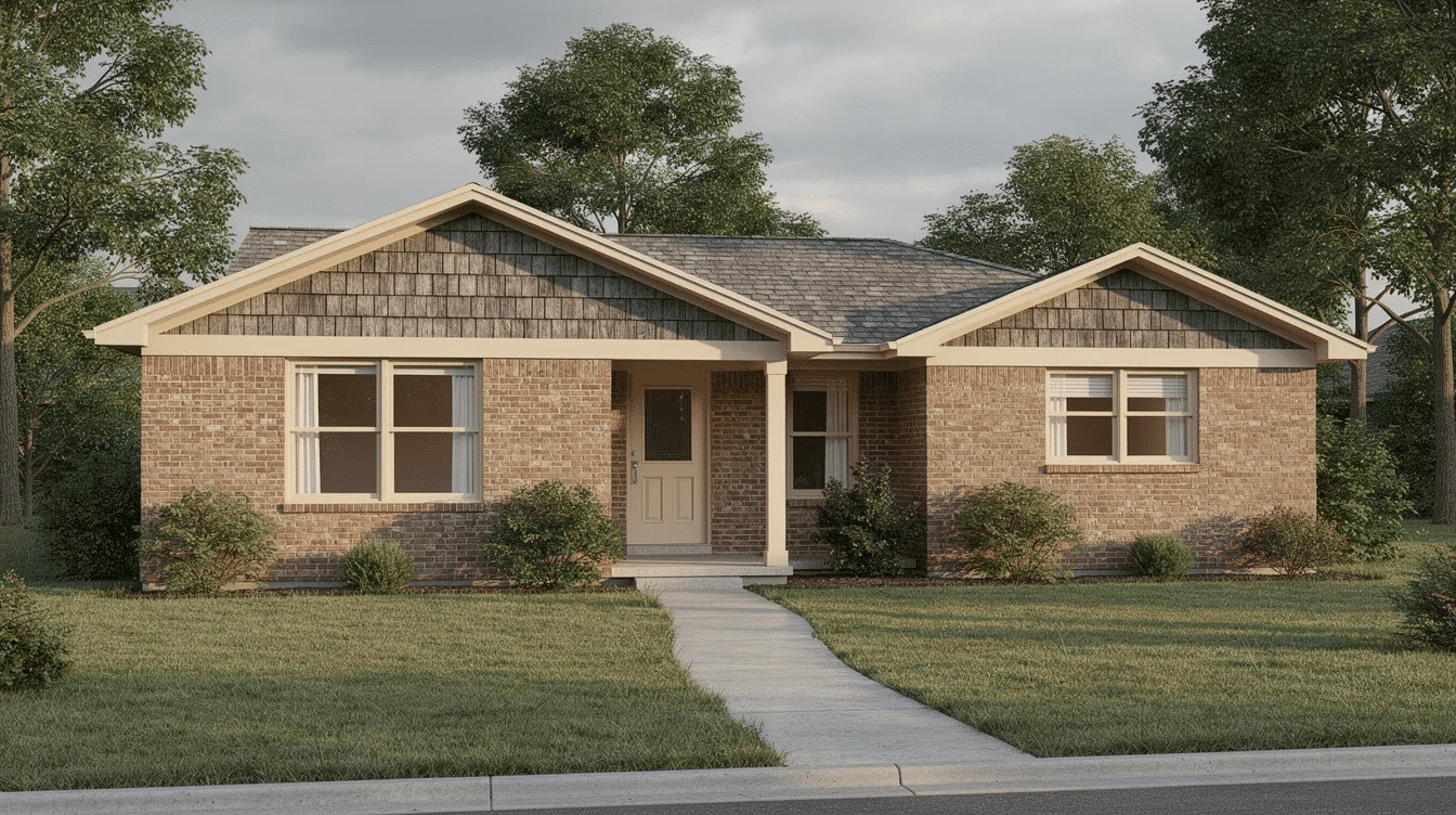 30737670-3924-4b9f-8387-11c96f330795 - Ranch Style Homes USA The image features a charming brick ranch home adorned with weathered wood shingles and cream trim, showcasing a dark gray roof that adds a classic look and enhances the home's curb appeal. Surrounded by natural surroundings, the exterior colors create a warm and inviting atmosphere, highlighting the timeless appeal of ranch style houses.