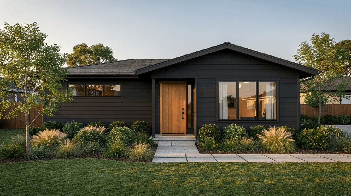 308088ff-6561-4e2a-95ef-dd9796b7e238 - Ranch Style Homes USA The image depicts a dark single-story ranch house featuring a wood door and white trim, surrounded by lush green landscaping that enhances its curb appeal. The modern color combinations and textures of the exterior paint create a striking presence in the neighborhood.