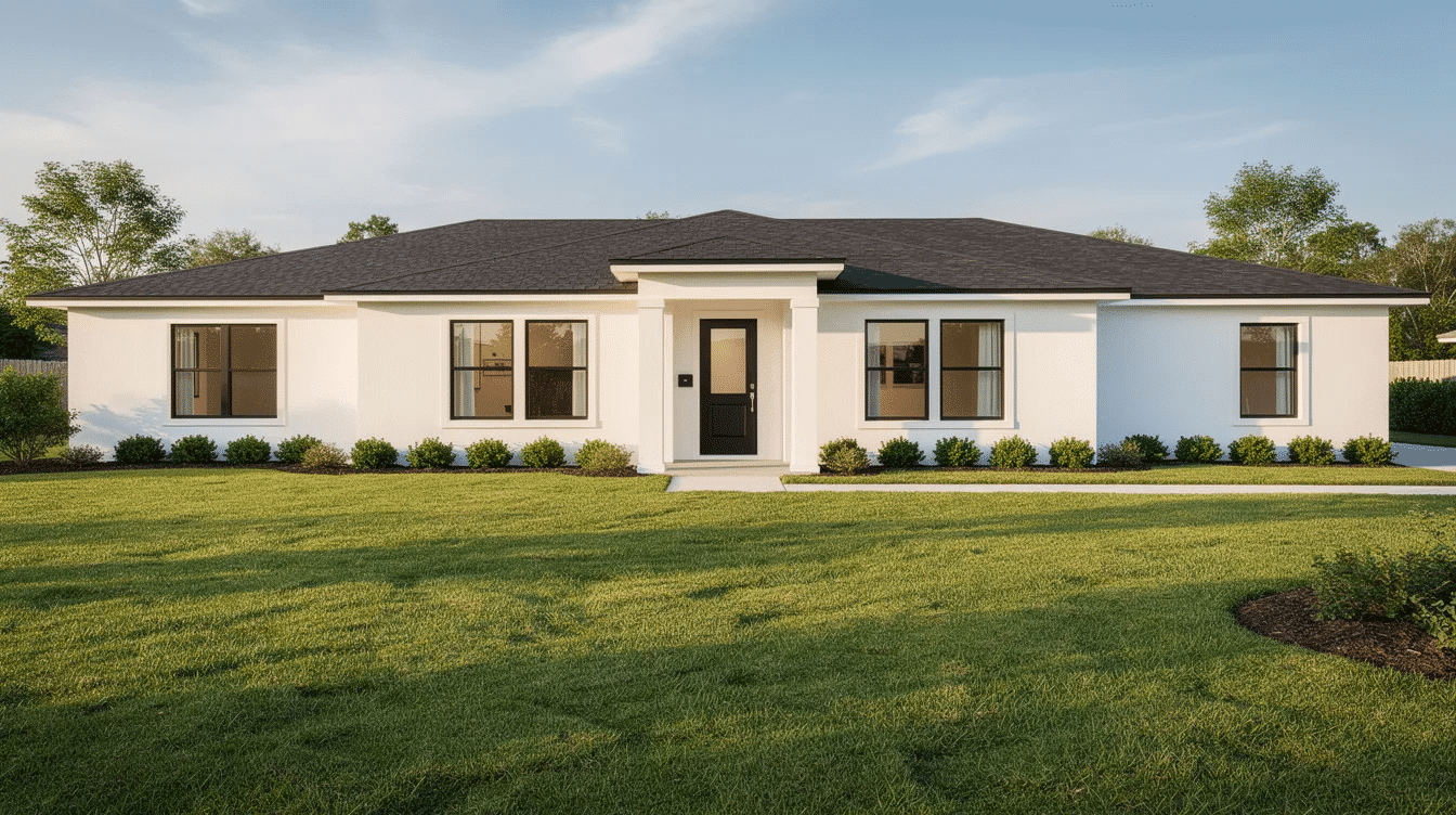 312f1544-a74d-4ec3-b54b-7513df932c58 - Ranch Style Homes USA The image features a single-story modern ranch house with sleek white siding and bold black windows, complemented by a black roof and trim. The inviting exterior is surrounded by a lush green lawn and low hedges, creating a stylish curb appeal.