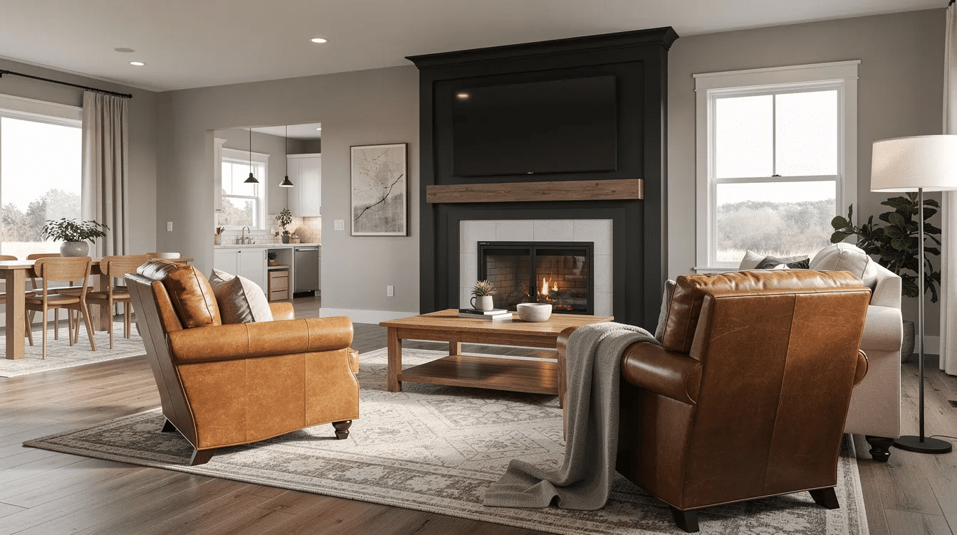 333fe0e2-b72d-4a55-ab09-2e9f4b9a53ce - Ranch Style Homes USA The image depicts a cozy ranch-style open living space featuring greige walls and a striking charcoal fireplace that serves as a focal point. Layered rugs and leather chairs create an inviting atmosphere, while natural light fills the room, enhancing the warm color scheme and open concept design.