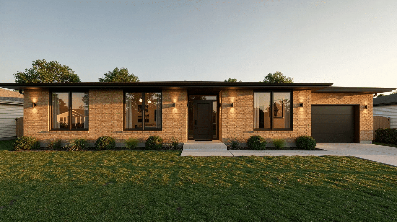 3567e3e2-66b7-4de3-ba35-193571ed1c67 - Ranch Style Homes USA A warm brick ranch home features sleek black framed windows and stylish copper lighting, surrounded by simple shrubs that enhance its curb appeal. The modern ranch house combines bold contrast with an inviting feel, showcasing a classic yet fresh exterior design.