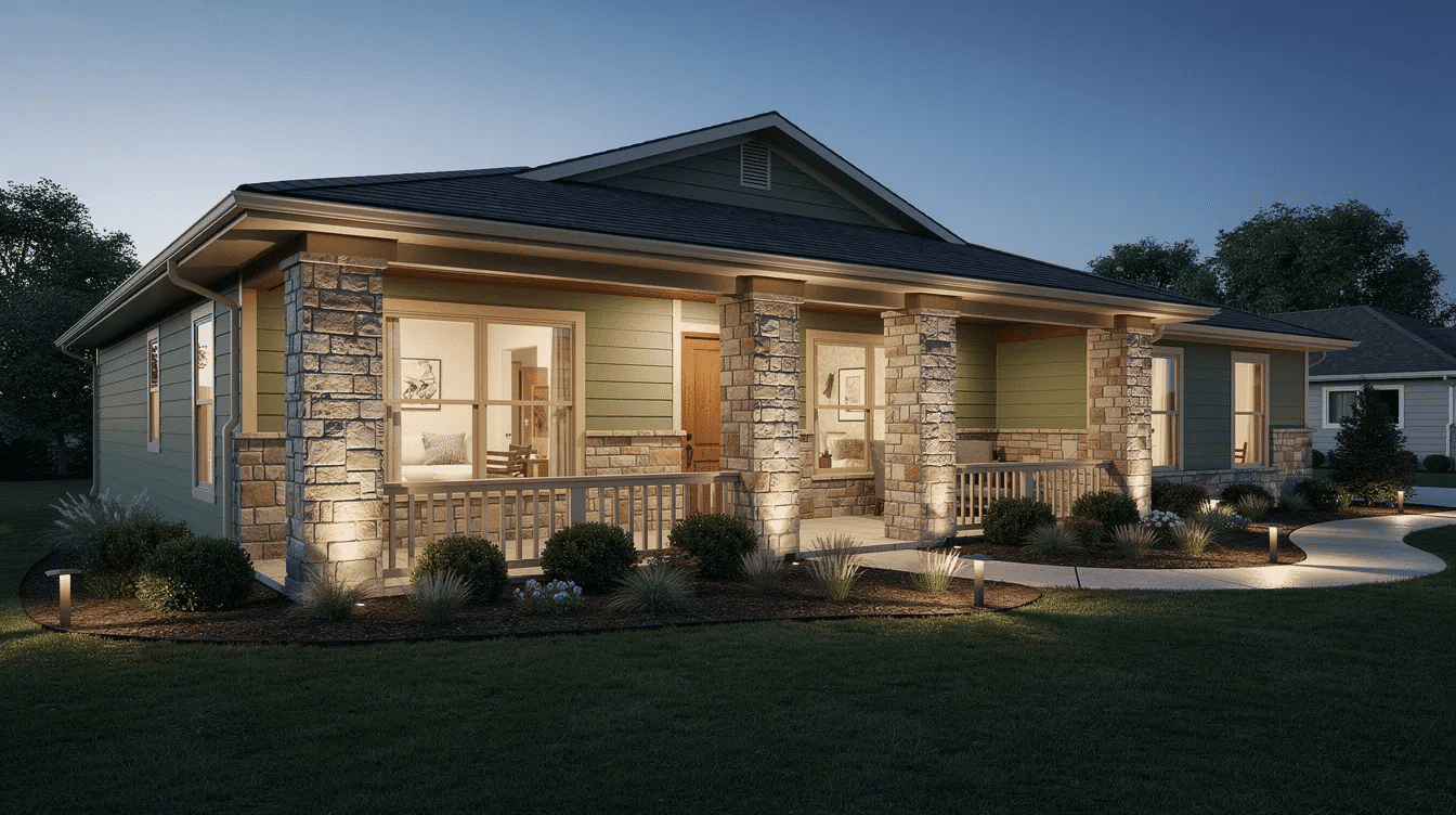 35ce03b1-7e0d-485f-a2eb-0701123a31f5 - Ranch Style Homes USA The image features a sage green ranch house with cream trim, showcasing natural stone porch columns and a low stone foundation. Soft landscape lighting enhances the modern exterior, highlighting the depth and timeless design of the home.