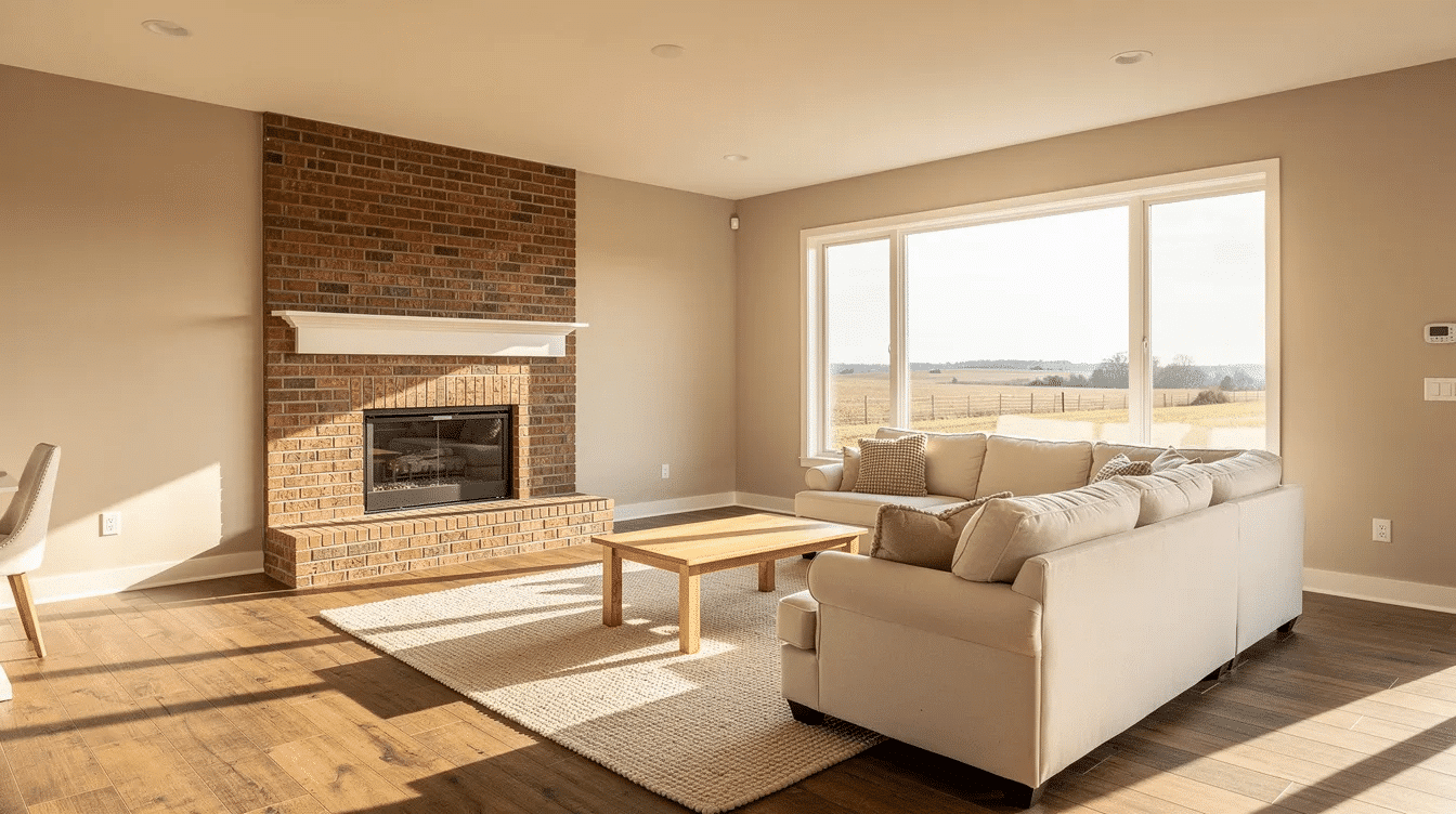 36361f9c-e947-4dac-b991-1e38a8e2d082 - Ranch Style Homes USA A bright and open ranch style living room features warm neutral walls and a wooden floor, complemented by a classic brick fireplace and large windows that invite natural light. The soft color scheme, including tan trim, creates a cozy atmosphere perfect for modern ranch homes.