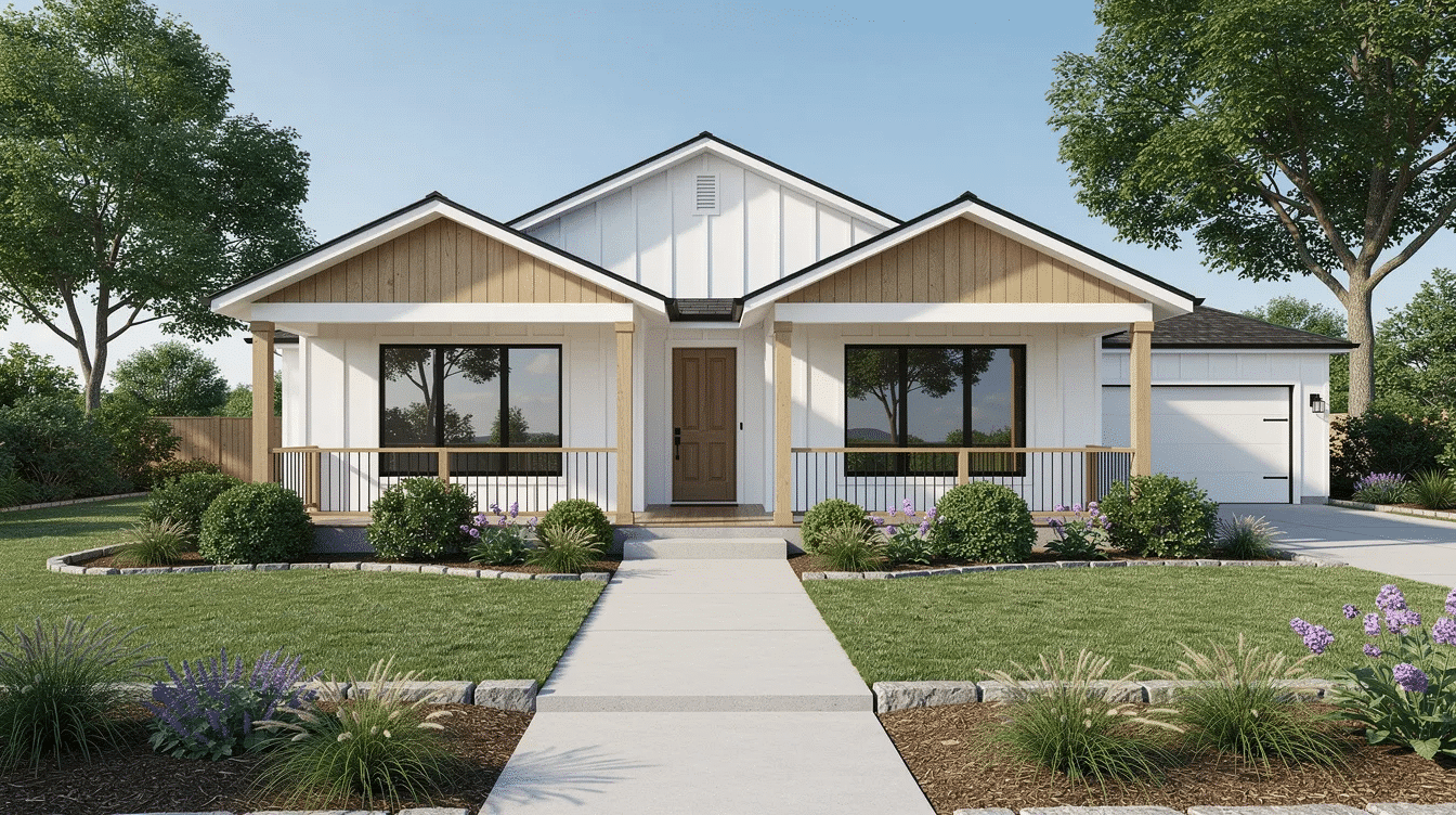 38017b41-17ee-456b-96ec-62f99933449c - Ranch Style Homes USA The image depicts a fresh white ranch style home with elegant black trim and wood accents, featuring a welcoming porch and mature landscaping that enhances its curb appeal. The sophisticated color combination and architectural details create a timeless appeal, blending harmoniously with the surrounding landscape.