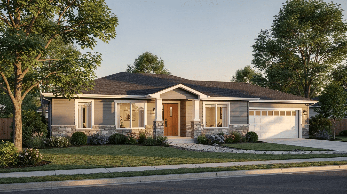3c310863-ef8d-472b-94f1-f43409498590 - Ranch Style Homes USA The image depicts a low ranch house featuring light gray siding with white trim, a warm natural wood front door, and elegant stone accents. The surrounding landscape is mature and well-maintained, enhancing the home's curb appeal with a timeless gray color scheme.