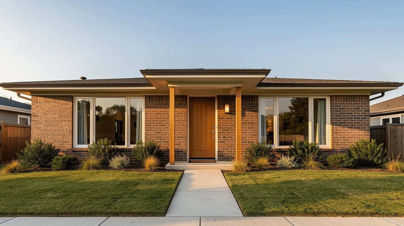 46c266ae-95f7-4278-af16-4e3b109382f5 - Ranch Style Homes USA The image features a ranch house characterized by a warm wood front door and a low roofline, complemented by a brick exterior and simple landscaping that enhances its curb appeal. This modern ranch style home showcases clean lines and a welcoming entryway, perfect for inviting natural light into the living space.