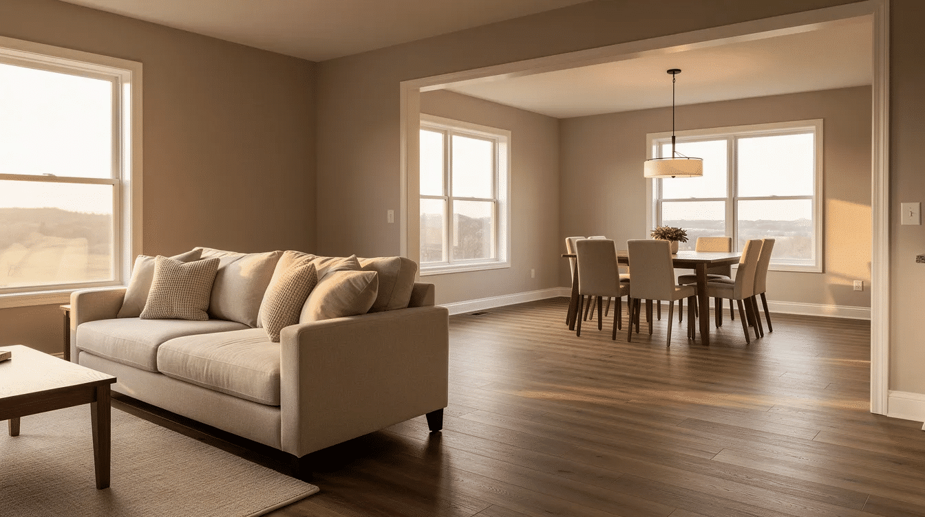 48e3c5fe-854f-4a54-883c-3217007d186a - Ranch Style Homes USA The image depicts an inviting open ranch living room featuring warm neutral walls with white trim, complemented by wood flooring. The open floor plan seamlessly connects to a dining area, allowing natural light to fill the space and create a cozy atmosphere.