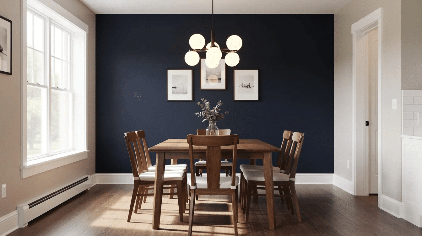 49814625-8af7-4d92-9eaf-b64ce22a2d6d - Ranch Style Homes USA The image features a ranch dining room showcasing a deep navy accent wall that serves as a bold focal point, complemented by a warm wood table and white trim. The open floor plan allows natural light to flow through the space, creating an inviting atmosphere with a harmonious color scheme.