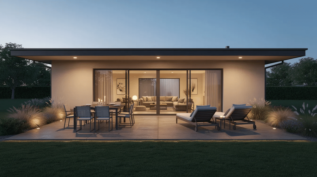 4b893a50-c20e-46eb-9aa5-4837aa86402e - Ranch Style Homes USA The image features a ranch-style patio with wide sliding glass doors that create a seamless connection to the outdoor space. It includes an outdoor dining table and lounge chairs, all set under a low horizontal roofline, allowing for ample natural light and wide open views.