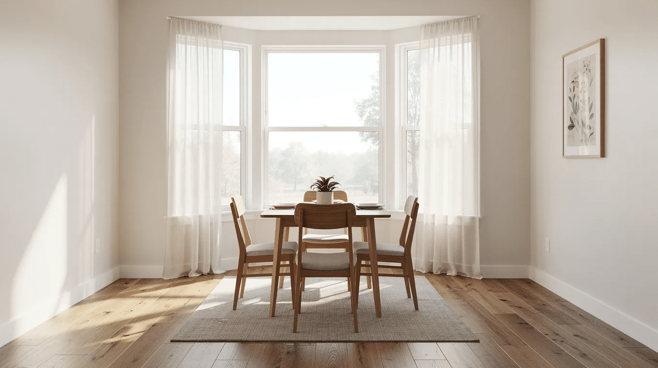 508f03de-a06f-4422-90ba-87a74704491f - Ranch Style Homes USA The image features a bright dining area in a ranch style home, showcasing a bay window that allows for ample natural light. The space is adorned with wood flooring and simple furnishings, creating a warm and inviting atmosphere.