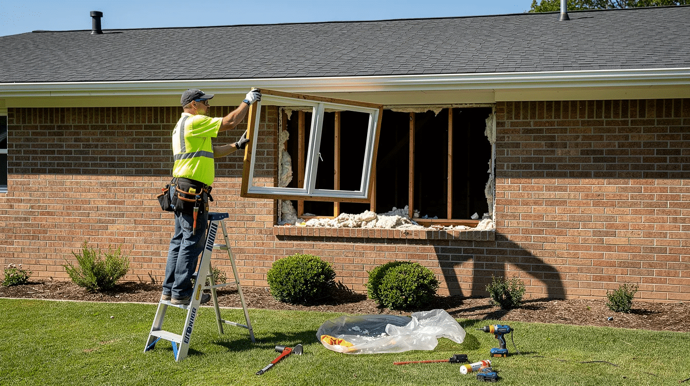 5a904960-e04a-4863-9da8-d044b486d0e9 - Ranch Style Homes USA A contractor is seen removing an old window from a single-story brick ranch home, preparing for the installation of new energy efficient windows. The scene highlights the existing window frame and the contractor's careful handling of the entire window, emphasizing the importance of window replacement for improved energy efficiency and reduced energy bills.