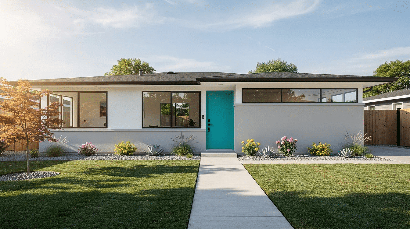 63f02c32-9560-4f3d-b9db-86cde1cd96fe - Ranch Style Homes USA The image features a mid-century ranch house with a vibrant front door that adds a pop of color, complemented by a simple yet inviting garden. The exterior paint colors and landscaping enhance the home's curb appeal, showcasing the classic ranch style.