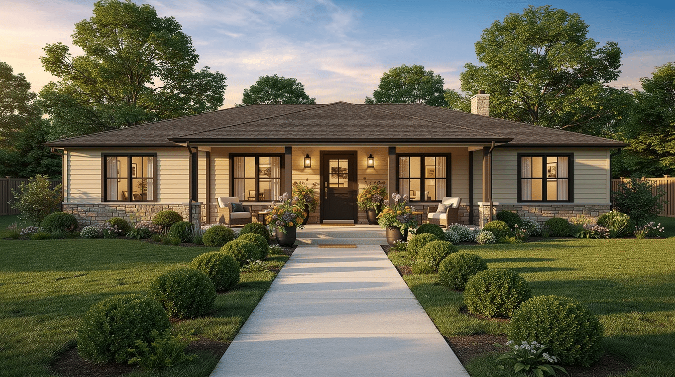 64d04f56-3c8c-4215-8889-024af9ae9d82 - Ranch Style Homes USA The image depicts a welcoming ranch style home with a neatly trimmed walkway, surrounded by manicured shrubs and vibrant seasonal planters that enhance its curb appeal. The inviting entryway features a stylish front door, showcasing a color combination that adds to the overall charm of this ranch home.