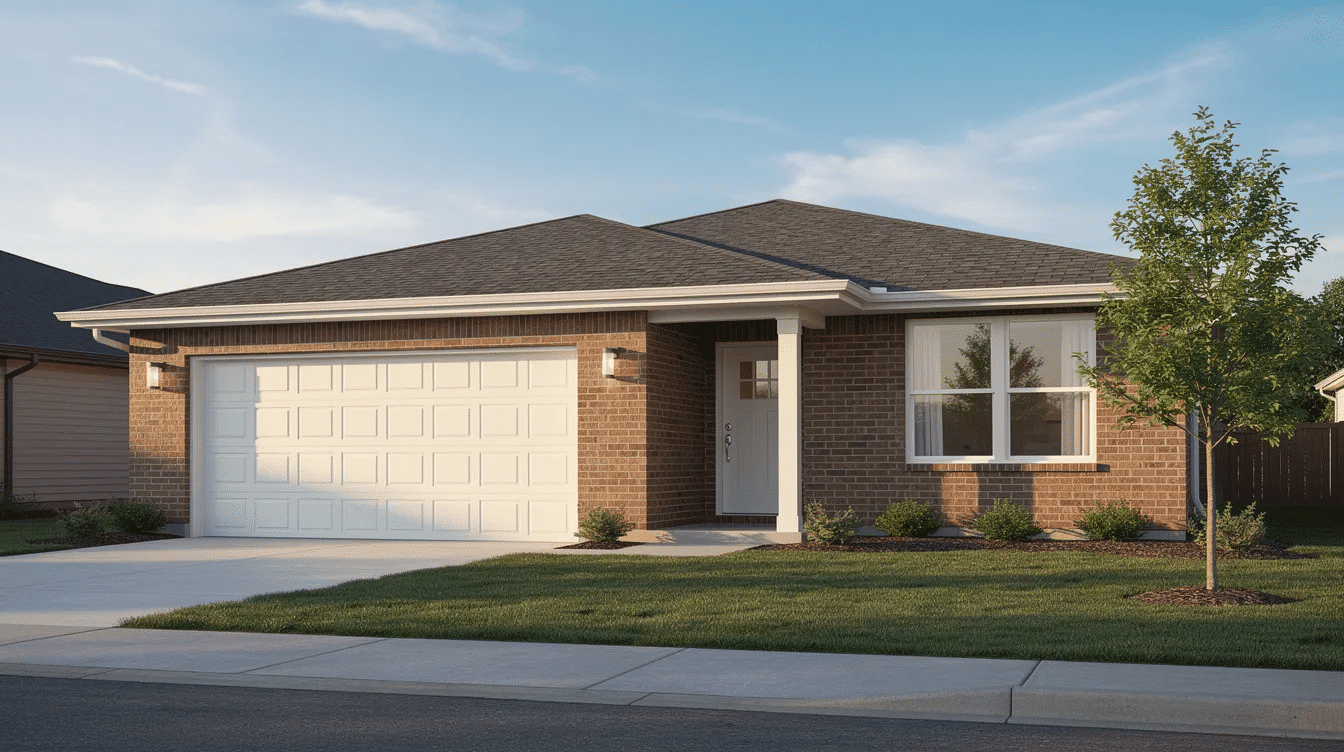 6f9f1740-adc1-4f02-afca-05aa72635377 - Ranch Style Homes USA The image features a single-story brick ranch home showcasing a clean long-panel garage door, which enhances the home's curb appeal with its contemporary style. The low roofline and well-maintained exterior highlight the classic elements of ranch style homes, creating a welcoming and practical appearance.