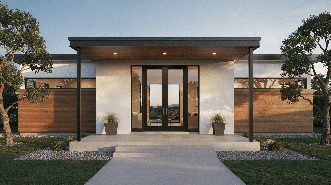 73995bf7-d0a9-450f-95c2-2d257f0b4f02 - Ranch Style Homes USA This image features a modern ranch house showcasing a striking pair of black steel and glass double entry doors beneath a flat porch roof. The design emphasizes clean lines and contemporary elements, creating an inviting focal point that enhances the home's curb appeal.