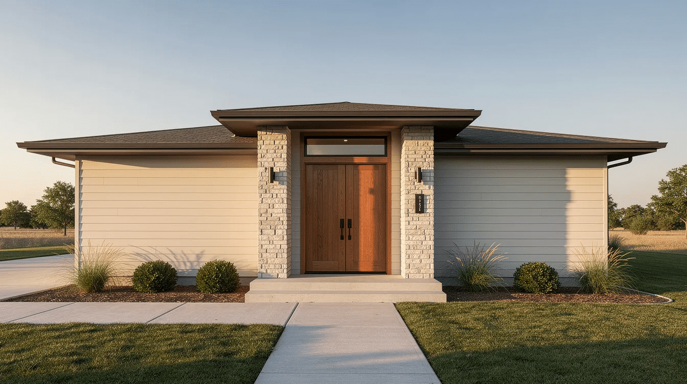 7467ef6d-62e0-4b31-b4c8-36758d643dd4 - Ranch Style Homes USA The image features a wide ranch house exterior showcasing an inviting grand entrance with warm double wood front doors, complemented by simple landscaping that enhances the home's curb appeal. The clean lines and classic design of the entryway create a welcoming focal point, allowing natural light to illuminate the space.